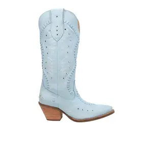 Dingo Womens Pretty N' Pink Embroidered Studded Snip Toe Pull On Casual Boots Mid Calf Mid Heel 2-3" - Blue