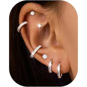 Trendy Hoop Stud Earrings for Women 7 Pairs 316L Surgical Steel Hypoallergenic Earrings Set for Multiple Piercing Non Tarnish 14k Gold Plated Cartilage Earring