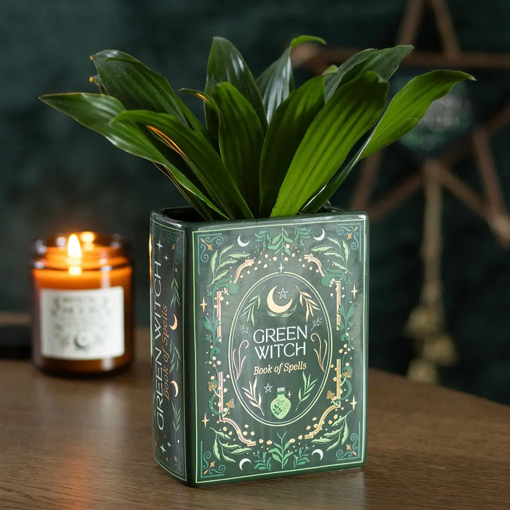 Green Witch Book-Shaped Ceramic Vase - Decorative Mini Home Decor, Compact Durable 2.4x4.3x5.7in Gothic Desk Flower Holder, Ideal Gift for Fantasy Enthusiasts, Artwork