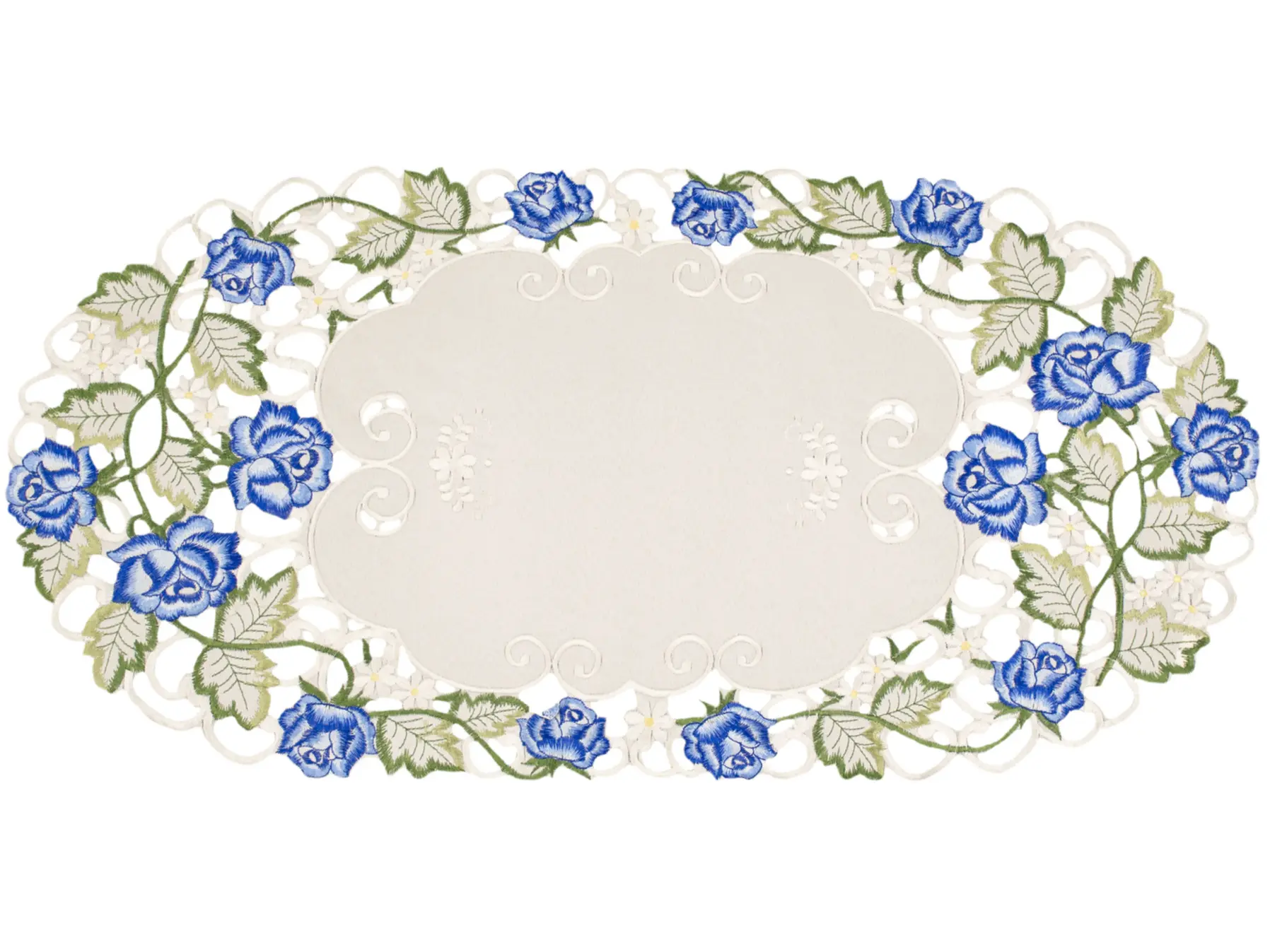 Linens Art And Things Classic Blue Rose Table Runner - 12.5 x 26 inch, Embroidery, Cut Work, Wrinkle Resistant Kitchen Linen