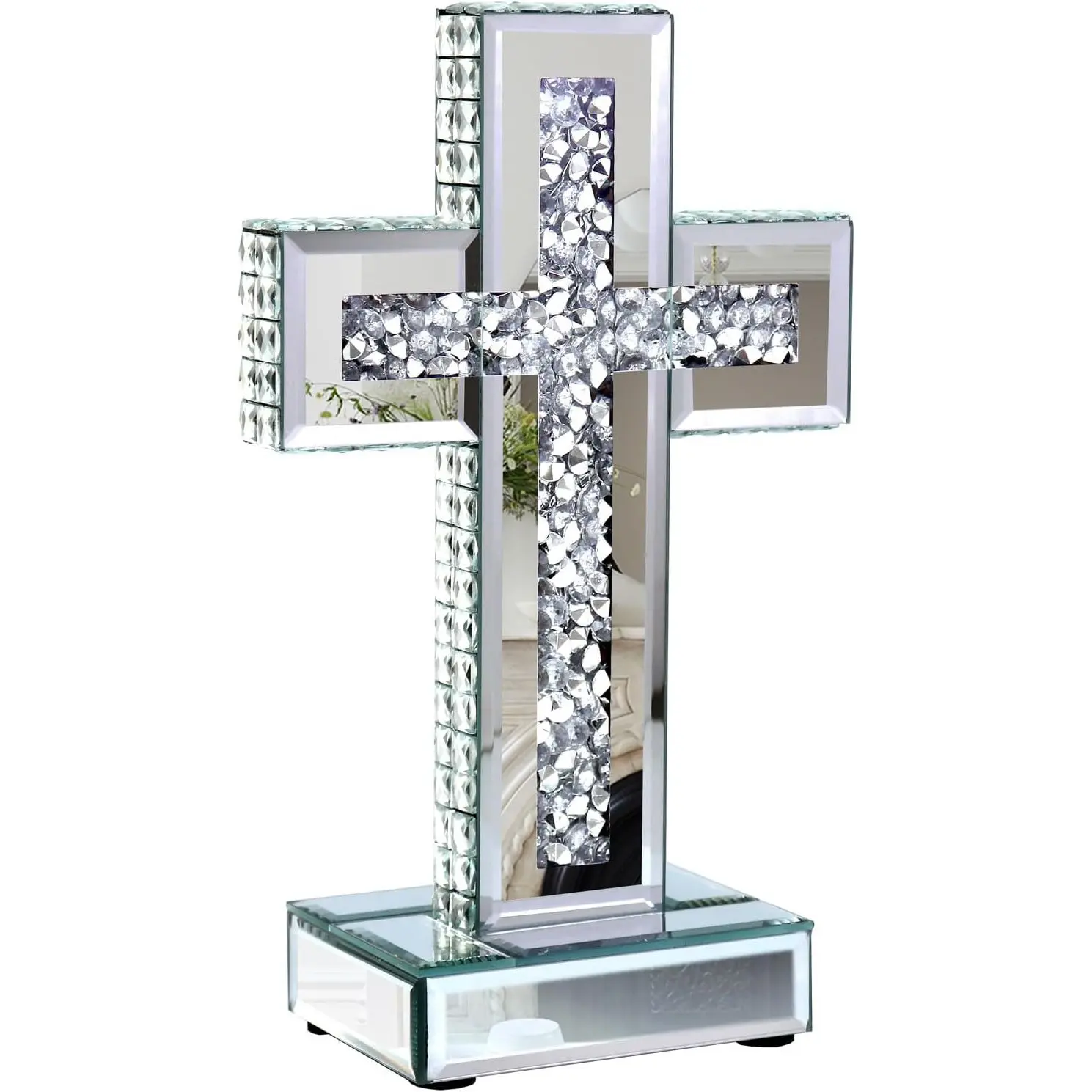 1 PC Mirrored Cross Tabletop Decor - Crushed Diamond-Embedded Glass Mirror Table Standing Cross, Religious Decoration Spiritual Decor Decorative Glass Crosses for Table Shelf Tabletop & Home Decor 10 x 6 Inches