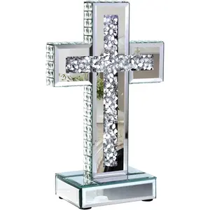 1 PC Mirrored Cross Tabletop Decor - Crushed Diamond-Embedded Glass Mirror Table Standing Cross, Decorative Glass Crosses for Table Shelf Tabletop & Home Decor 10 x 6 Inches