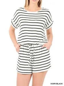 Kay's Kloset Black And White Stripe Romper With Pockets