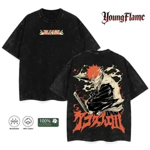 Unisex Ichigo Kurosaki Bleach Short-Sleeve Round Neck T-Shirt - Bankai Rage Anime Graphic, Retro Vintage Washed Oversized Streetwear Outfits Menswear Top for Summer, Shortsleeve Casual Tee