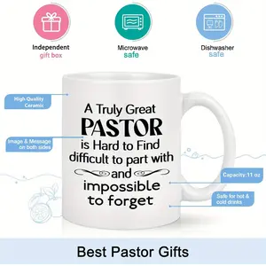 11oz Pastor Appreciation Gift Mug - "Truly Great Pastor Is Hard to Find" Inspirational Quote, White Coffee Cup with Black Lettering, Unique Birthday Present for Men, Church Staff & Religious Leaders