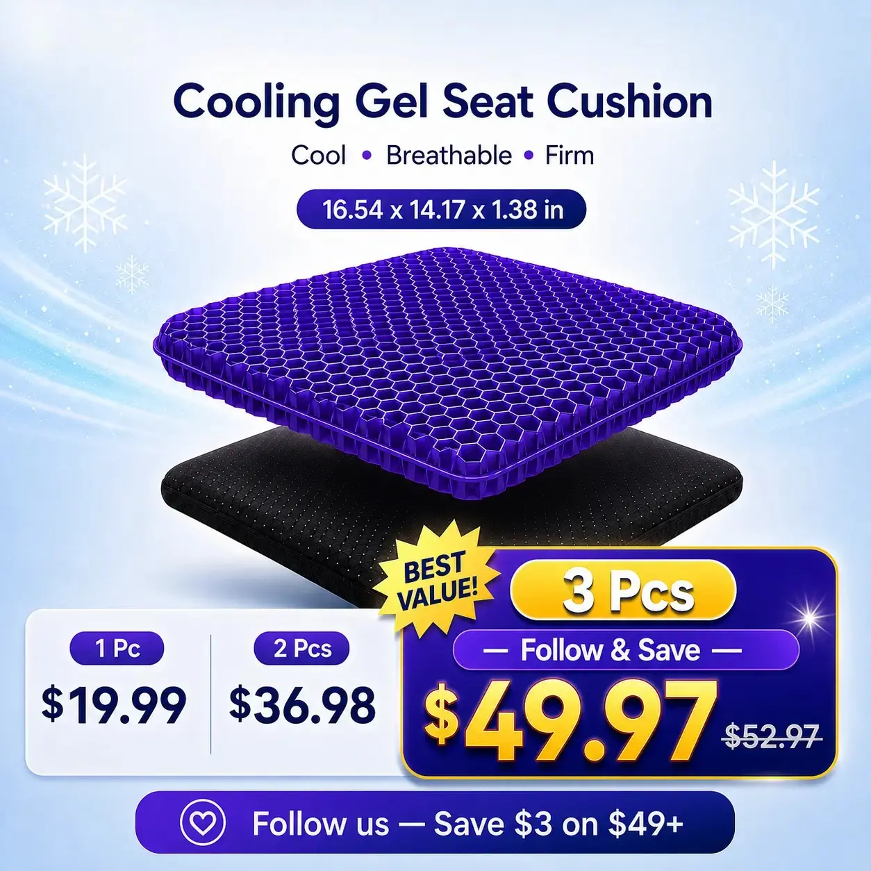 Purple Gel Seat Cushion, Firm Honeycomb Cooling Seat Pad with Non-Slip Cover, 16.54 x 14.17 x 1.38 in, Washable Cushion for Office Chair, Car Seat, Home & Summer Sitting Comfort
