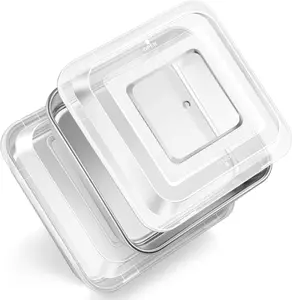 Stainless Steel 8x8 Baking Pan with Lids, 2 Set 8IN x 8IN Square Metal Cake Pans, Commercial Brownie Baking Dish for Lemon Bars, Dishwasher Safe (Except for Plastic Lids)