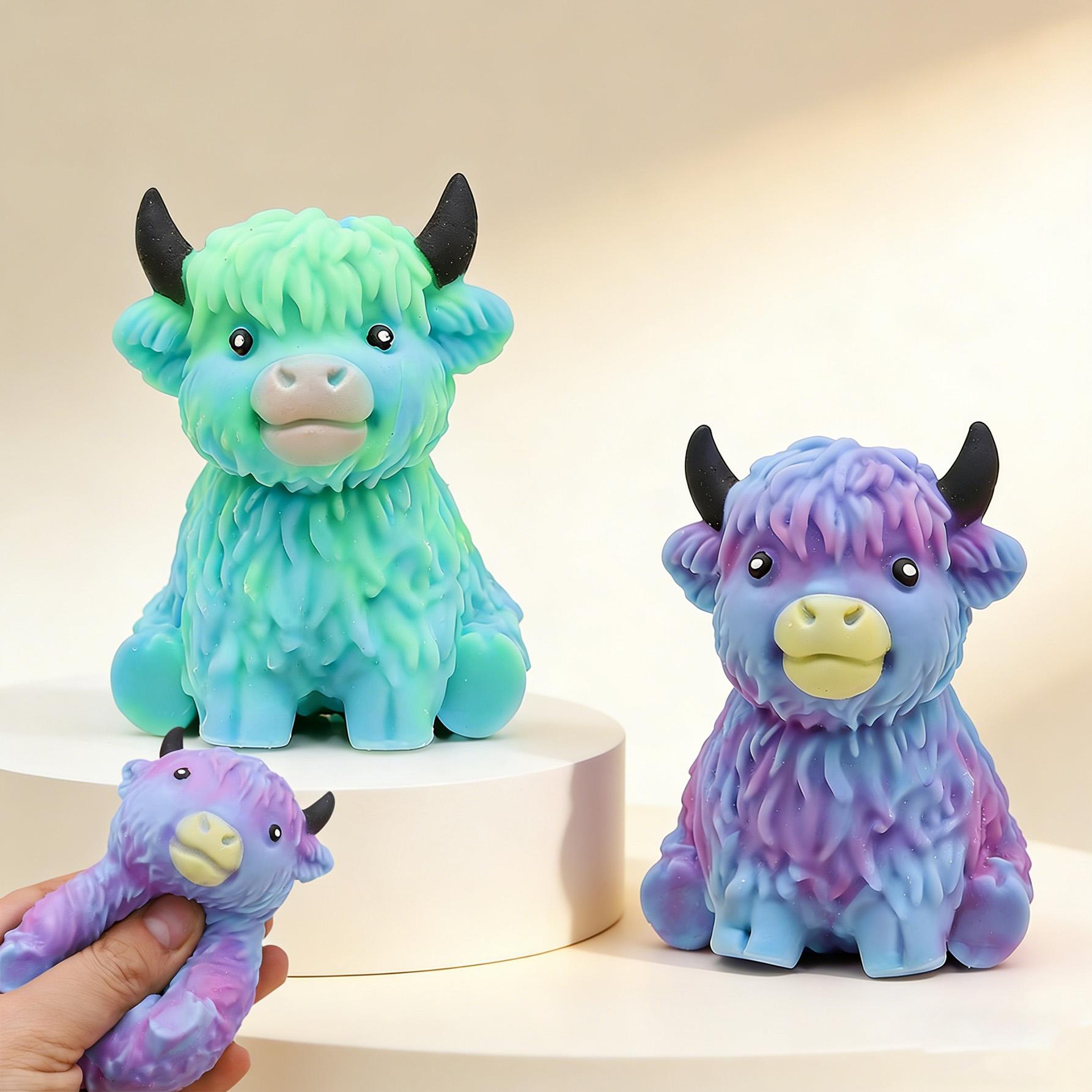 Highland Cow Squishy Statue Cute Scottish Resin Miniature Calf Figurine Squeeze Toy Slow Rising Kawaii Squishy Decompression Toy TikTok Trending Stress Relief Gift for Cow Lover Halloween Christmas Present