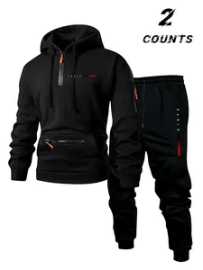 Men's Hooded Sweatshirt Set with Half-Zipper Design, Casual Fitted Style, Thick Fabric, Letter Print, Multiple Colors Available