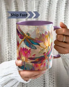 Dragonfly Lotus Mug, Luminous Print Coffee Cup, Iridescent Floral Mug
