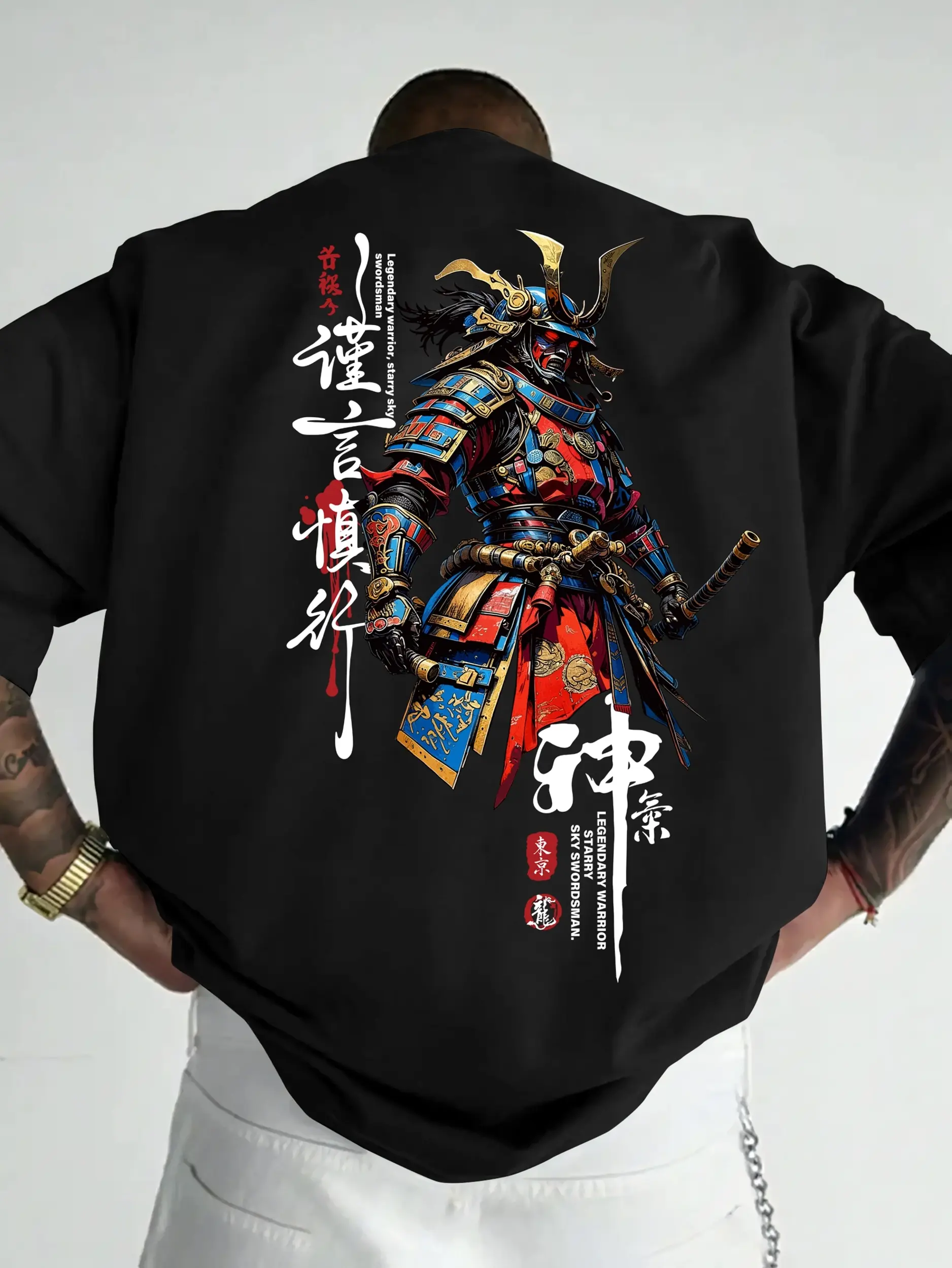 Retro Samurai Warrior Graphic Tee, Kanji Calligraphy Shirt, Japanese Street Style, Loose Fit Top For Gifts & Casual Outings