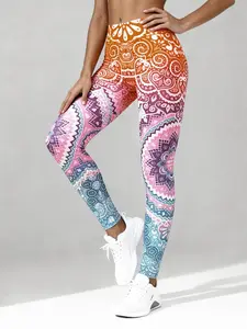 Women's High Waisted Gradient Floral Print Leggings, Soft Comfortable Elastic Sportswear for Fitness Running and Leisure, Versatile Ladies Activewear, Skinny Sports Leggings