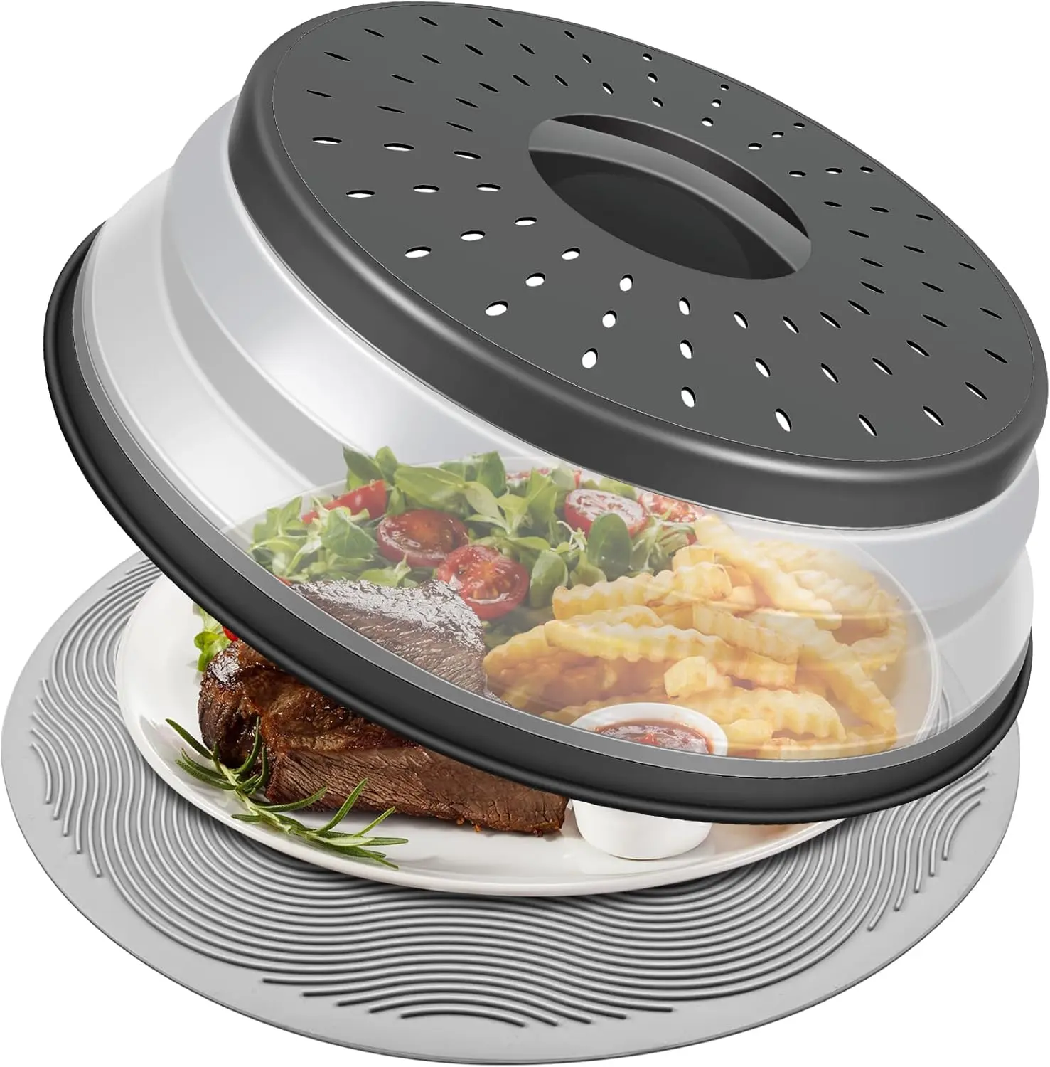10 in Collapsible Silicone Kitchen Set - Microwave Food Cover, Oven Splatter Guard, Handheld Plate Holder, Glass/Plastic Pot Colander for Meal Prep, Charcoal