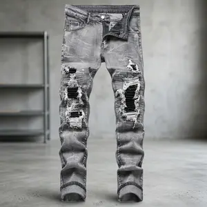 Men's Trendy Streetwear Jeans Vintage High Street Ripped Patchwork Stretch Slim Fit Skinny Denim Pants