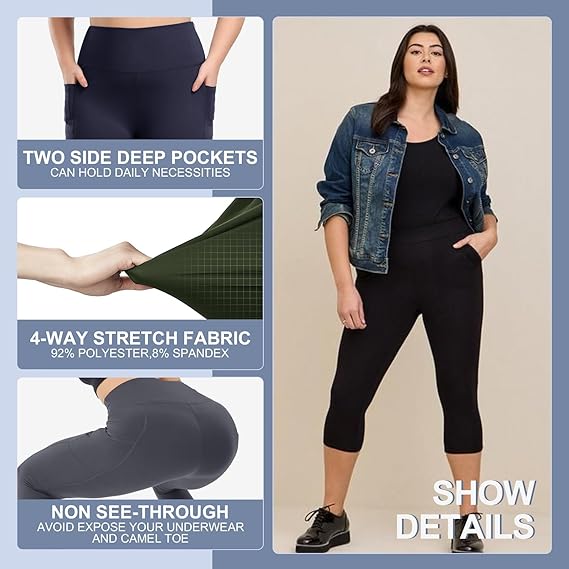 3Pack Plus Size Women's Capri Yoga Pants with Pockets Essential High Waisted Capri Legging for Workout Black Capri Leggings 3Pack Plus Size Women's Capri Yoga Pants with Pockets Essential High Waisted Capri Legging for Workout Black Capri Leggings