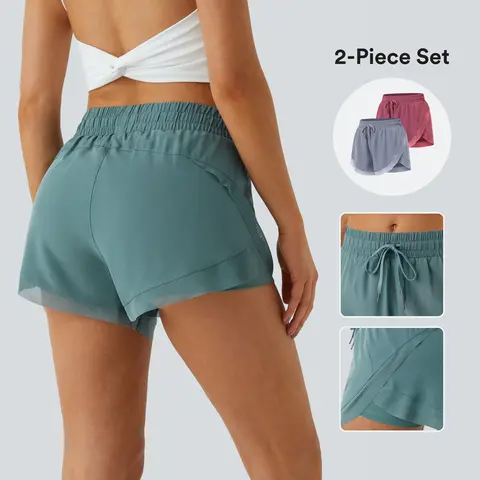 Halara 2-Piece Mid Rise Drawstring Contrast Mesh Dolphin 2-in-1 Flowy Running Shorts 3'' Set