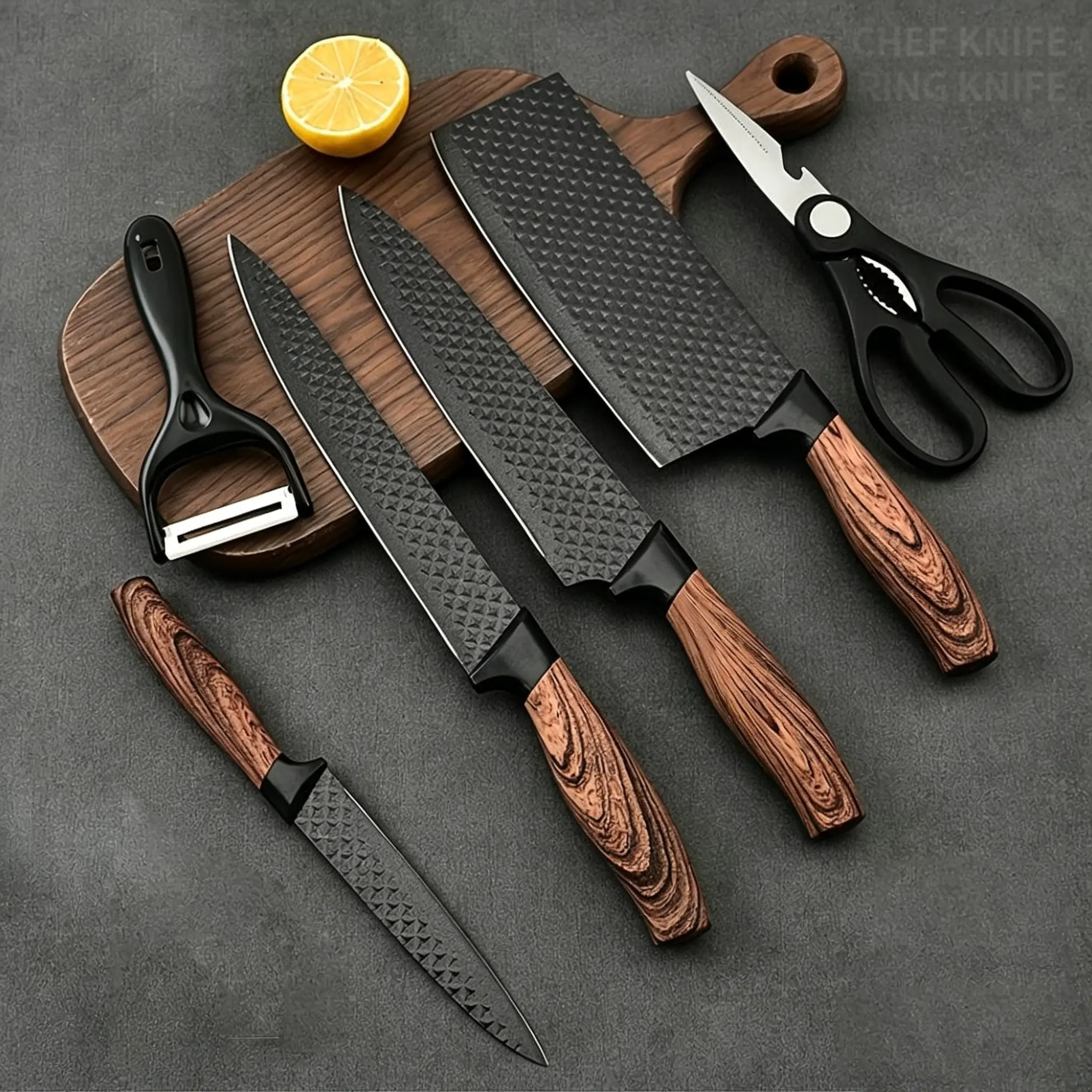 Professional 6piece kitchen knife set, including chef'sknife, slicing knife, paring knife, and scissors, made of high-carbon stainless steel for exceptional sharpness, with non-stick ergonomic wooden handles. This chef's knife set issuitable for home