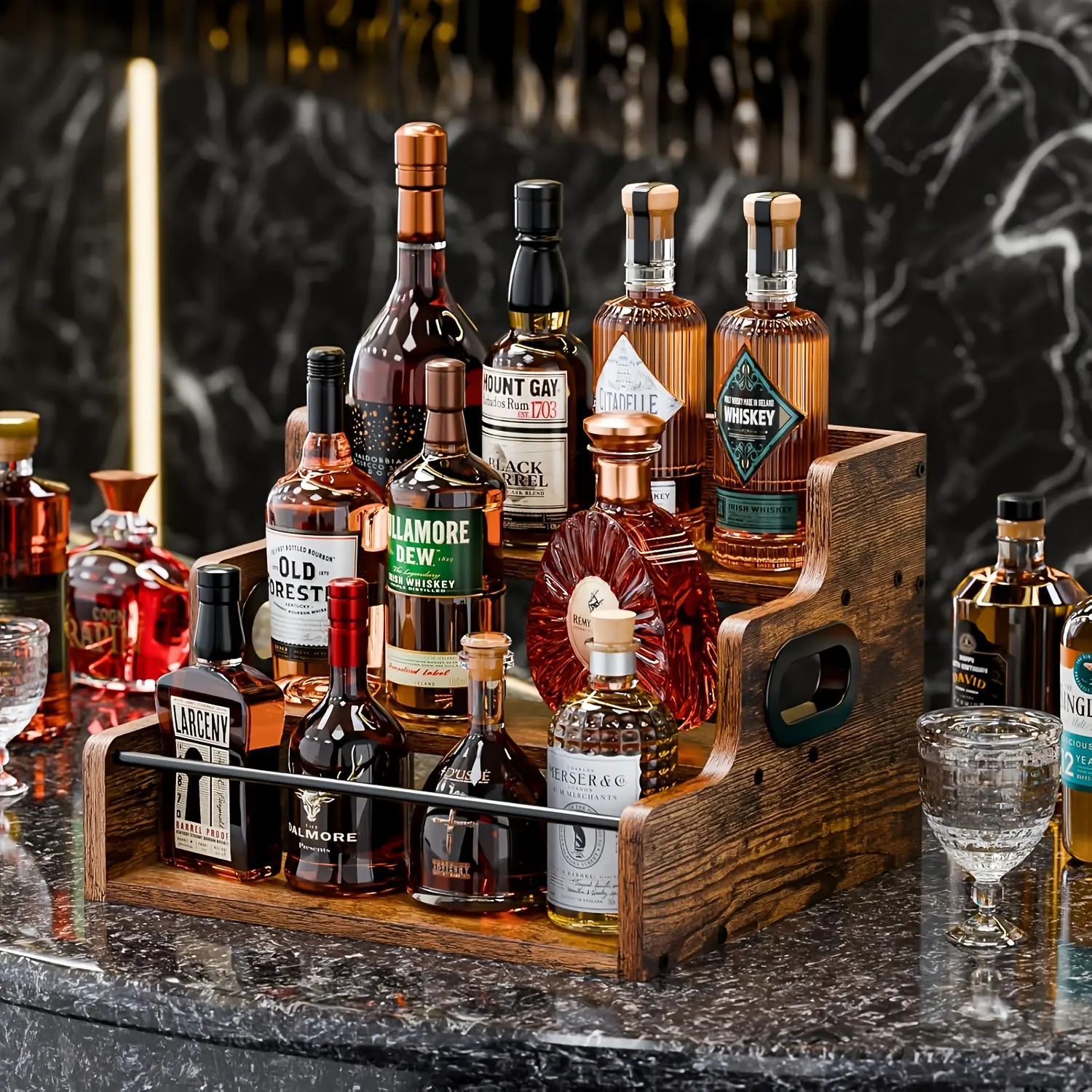 Vintage Wooden 3 Tier Countertop Organizer Display Rack, Multi Purpose Tabletop Storage Shelf with Side Handles for Kitchen Bathroom Liquor Skincare Spice Home Decor