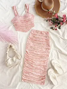 Women's Pink Floral Knit Slip Top & Skirt Set, Ruched Waist Design, Bodycon Fit, French Romantic & Pastoral Girl Style, Perfect for Beach Vacation, Picnic Dates, Summer Shopping & Pastoral Photoshoots