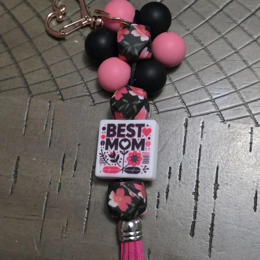 Pink and Black Best Mom Keychain