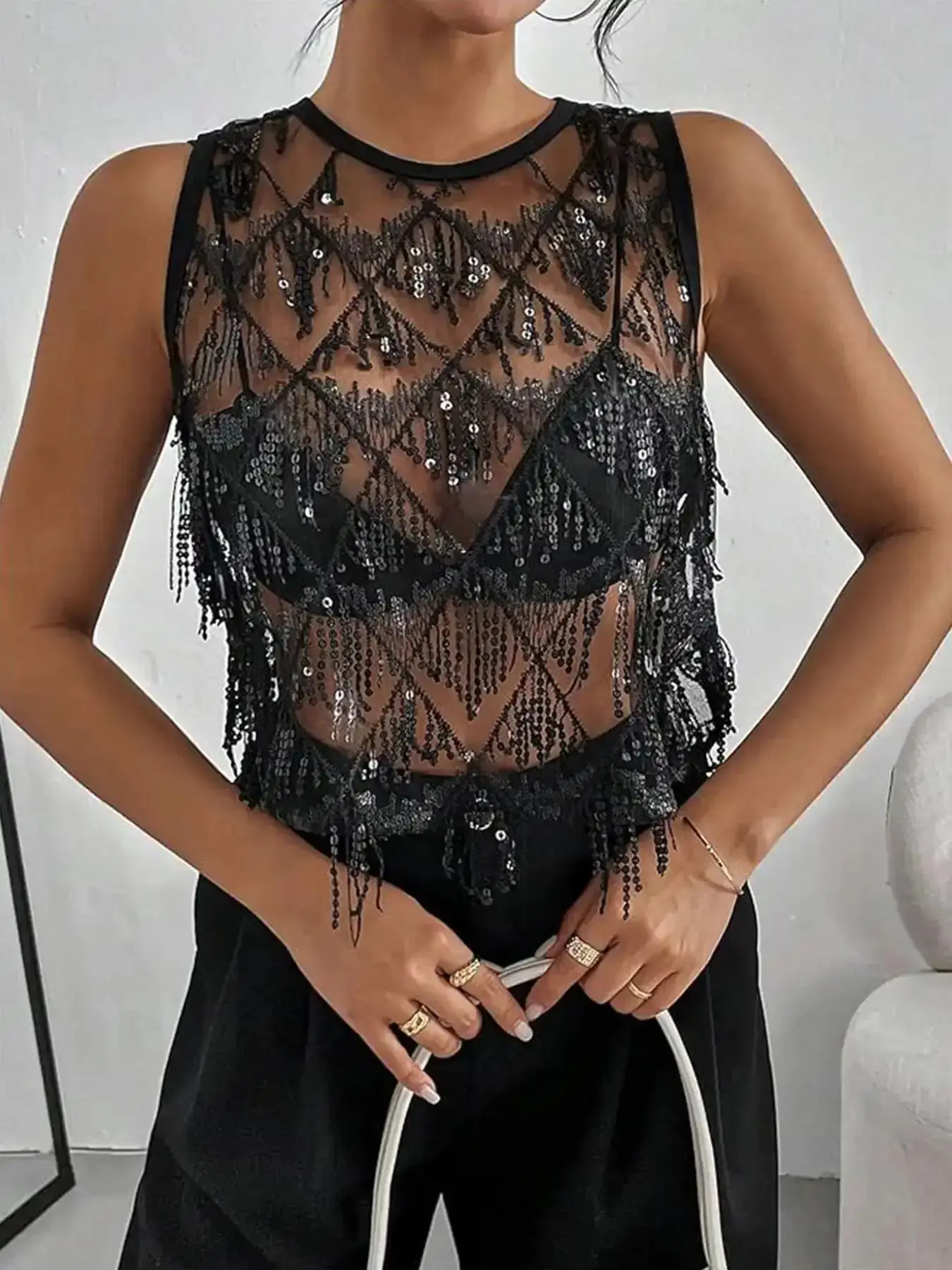 Sequin Mesh Sleeveless Fitted Short Top, Womenswear, Sexy Fashion Style with Fringe, Perfect for Young Women Parties and Nightclubs, Style Essential, All Season Use, Fashion Forward, Closet Staple, Versatile Style