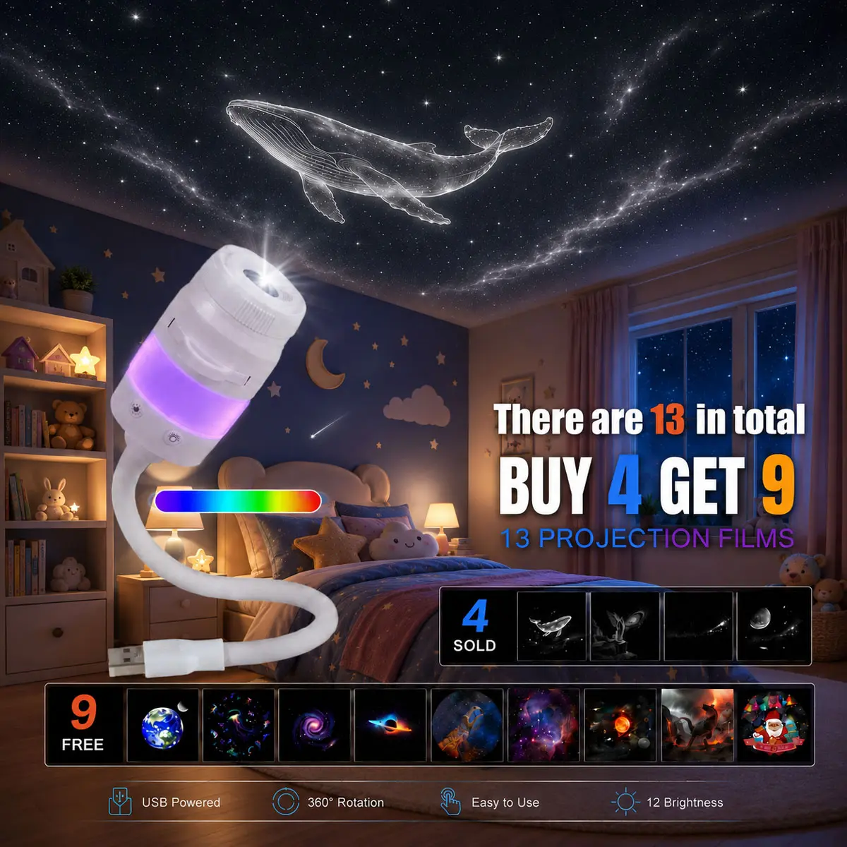 Galaxy Star Projector 2-in-1 RGB LED Night Light, 13 Pcs Cosmic Lens Discs, 360° Flexible Gooseneck, Star Sky Projector Lamp for Bedroom Decor Kids Gift, Buy 4 Get 9 Free