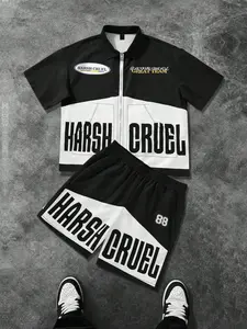 Two-Piece Set Men's Letter Print Short Sleeve Tee & Shorts, Regular Fit Round Neck T-shirt & Track Shorts, Casual Sportswear Fashion Cozy Breathable Men Two-piece for All Seasons, Clothes