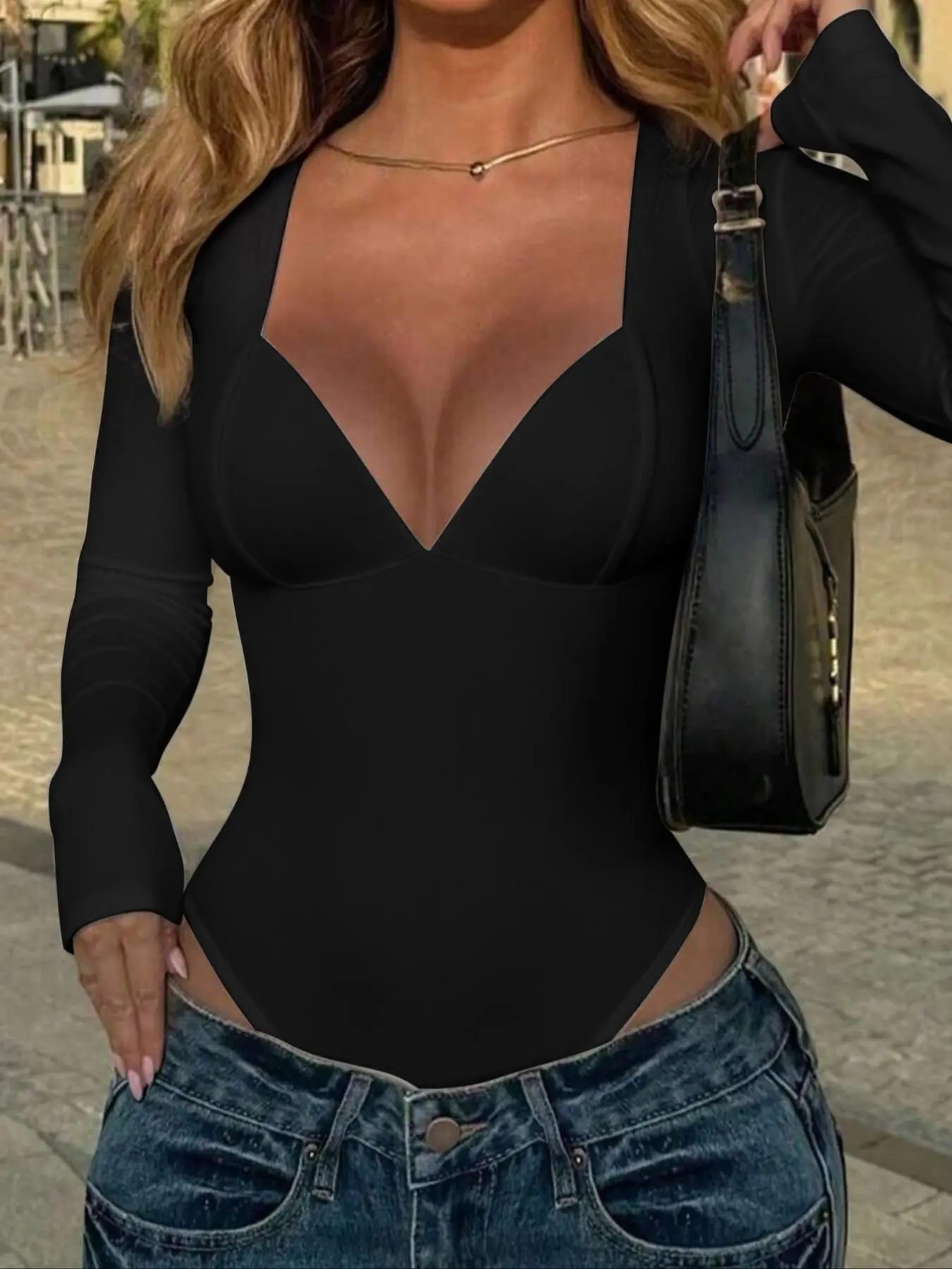 Women's Fall Winter Fashion Slim Fit V-Neck Long Sleeve Top, Pure Color Simple Elastic Comfortable One-Piece Jumpsuit Bodysuits