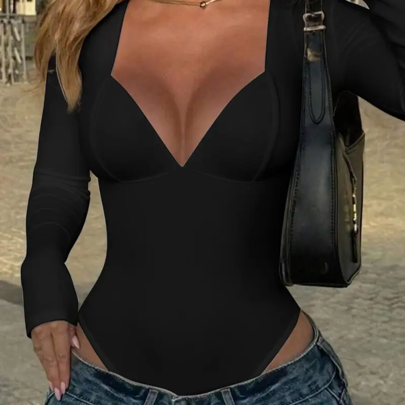 Women's Fall Winter Fashion Slim Fit V-Neck Long Sleeve Top, Pure Color Simple Elastic Comfortable One-Piece Jumpsuit Bodysuits