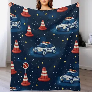 Cartoon Police Car Throw Blanket, Soft Cozy Caution Traffic Sign Blanket for Couch, Sofa, Bed, Warm Decorative Blanket for Women and Men, 30"x40"