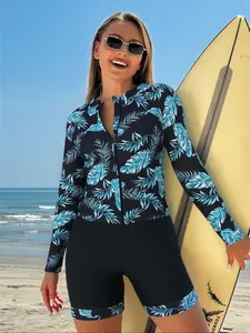 Tropical green leaf wind long sleeved green toned tropical leaf long sleeved sunscreen swimsuit green leaf print high elasticity and slimming effect