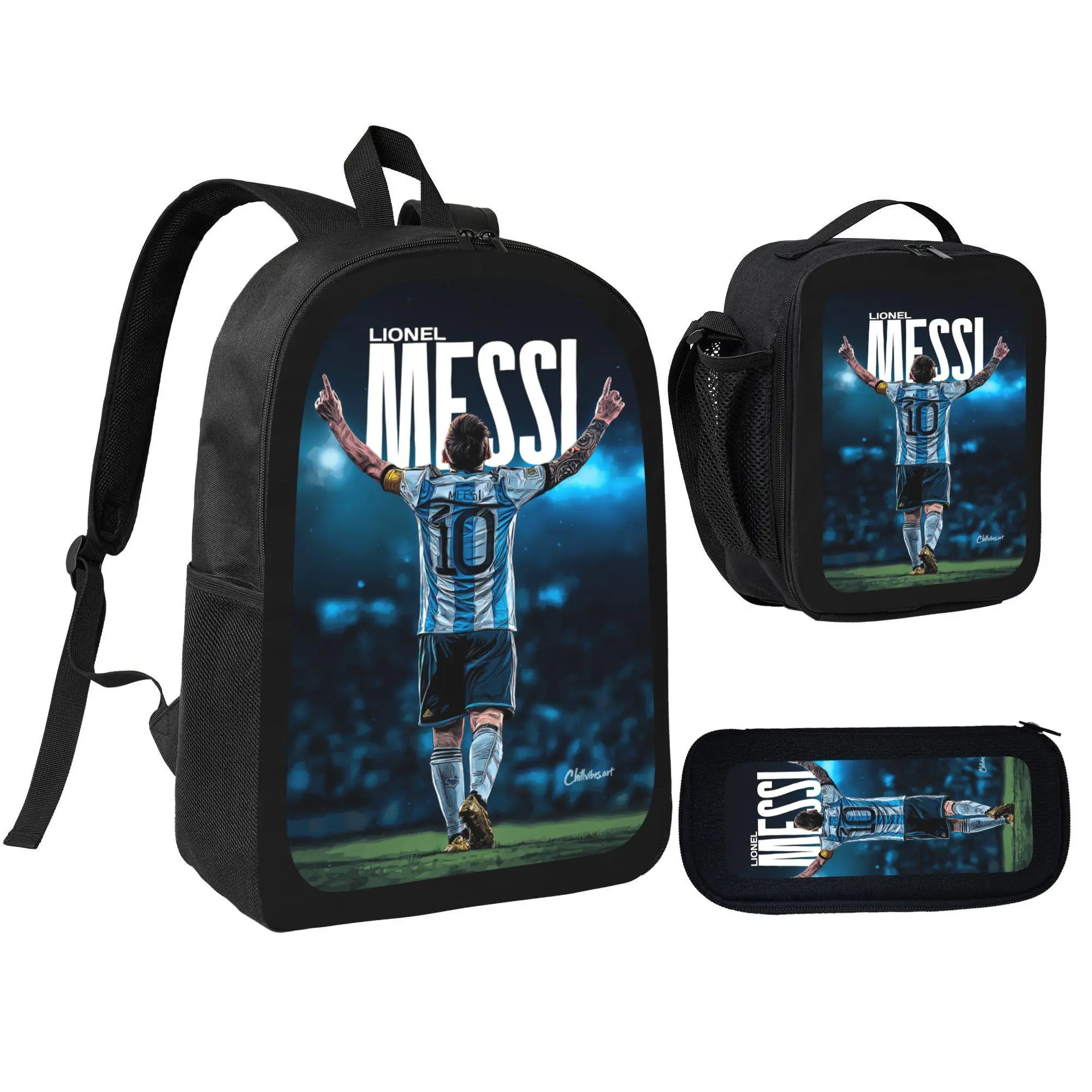 3Pcs Backpack Set Lionel Messi Soccer Player Pattern With Lunch Bag Pencil Pouch School Bag For Boys Kids Students Sports Fans