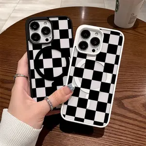 Premium Magnetic Phone Cases for iPhone 11-17 Pro Max Black Checkerboard Y2K MagSafe Ready Anti-Fall TPU Protector Aesthetic Christmas White