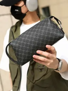 Men's Vintage Monogram Toiletry Bag, Large Capacity PU Leather Travel Dopp Kit, Portable Cosmetic Organizer with Handle for Daily Use