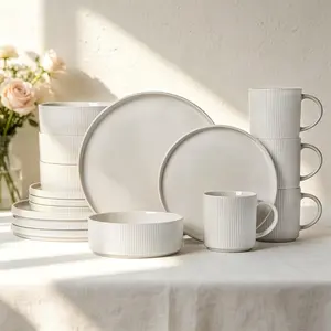 Ceramic Dinnerware 16 count Dinner Set,Plates Pasta Bowls Cereal Bowls Reactive Change  Dish Sets, Modern Stoneware Dishes,, Creamy white
