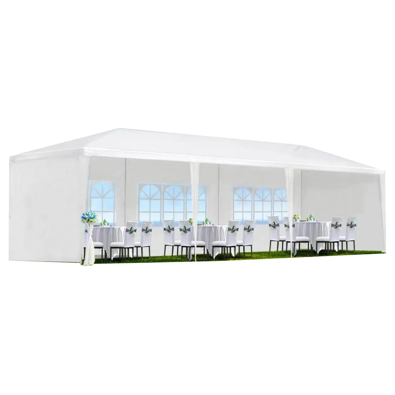 10x30ft Wedding Party Canopy Tent – White, 9ft Height. 5 Removable Sidewalls (3 Window Walls + 2 Zipper Walls). Holds Dining, Dancing & Socializing. Ropes & Stakes Included