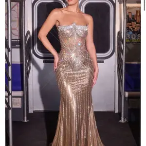 STRAPLESS METALLIC CRYSTAL FITTED DRESS