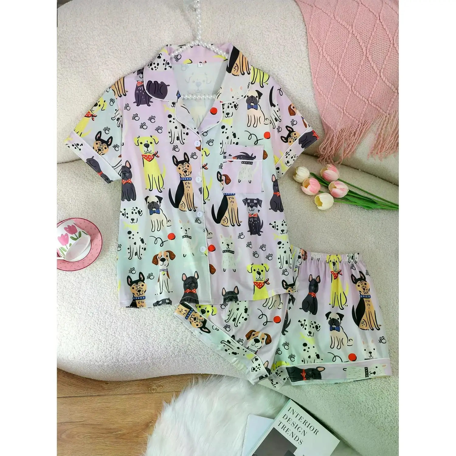 Women's Cartoon Dog Print Sleepwear Set - Casual Short Sleeve Cardigan & Elastic Shorts Pajama Set, All-Season Loungewear, Comfortable Loose Fit