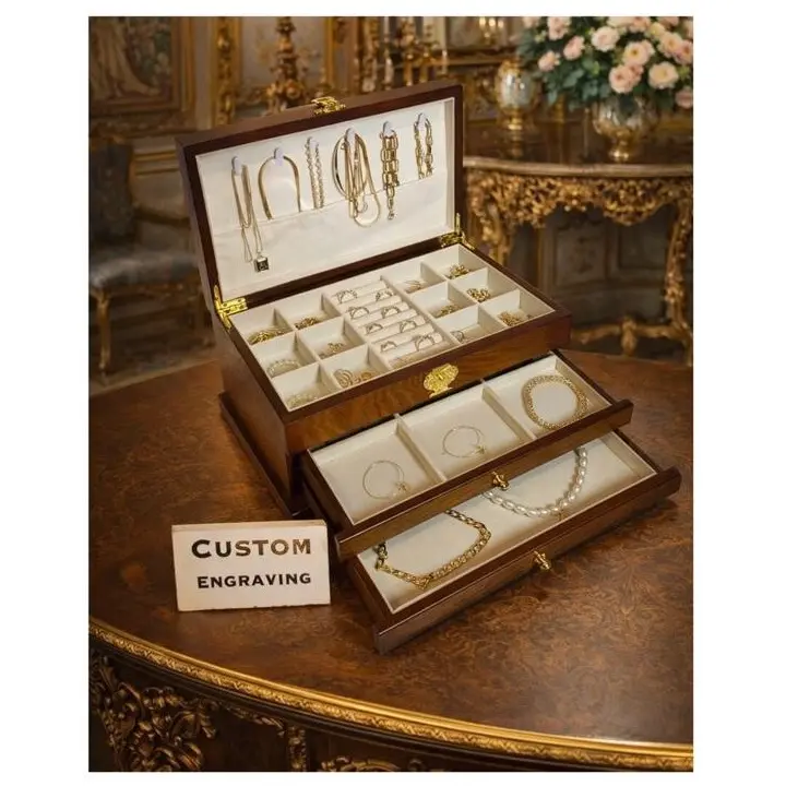 Custom engraved wooden jewelry box with 2 drawer . Large size personalized wooden jewelry storage box