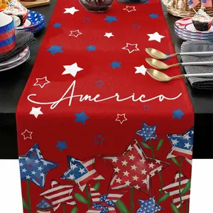 July 4th Table Runner Kitchen Dining Linen Cloth, Star Floral Design for Parties Holidays, Patriotic Independence Day Decoration