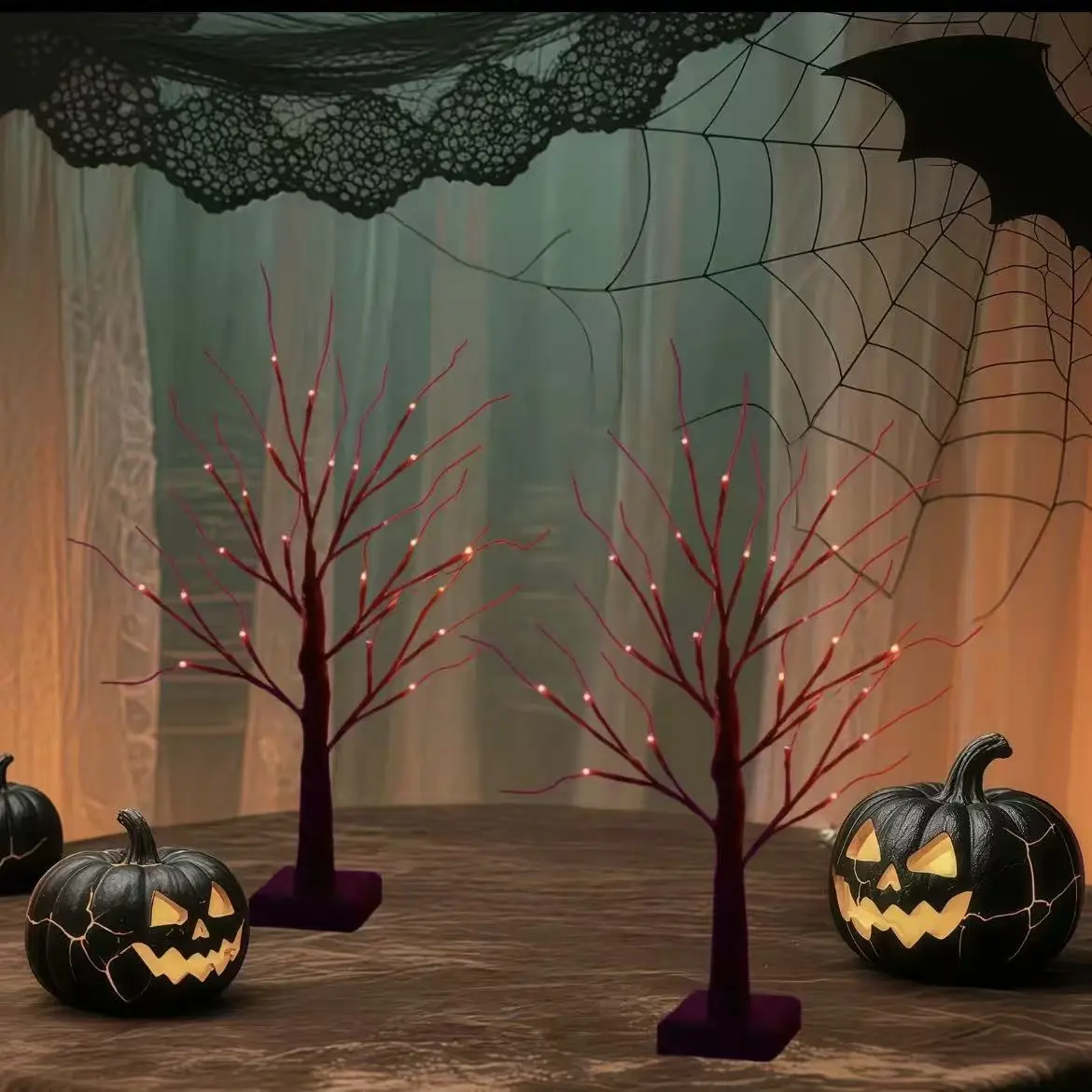Halloween Tree Lights 2-Piece Set - 24in, 24 LEDs, Spooky Orange & Purple Glow, USB+Battery Powered, Orange Light Decoration for Indoor Haunted Rooms, Fireplaces