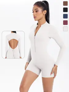 Women's Solid Zip Up Sports Jumpsuit, Long Sleeve Ribbed Jumpsuit for Yoga Gym Workout, Ladies Sportswear for All Seasons, Sporty Jumpsuit