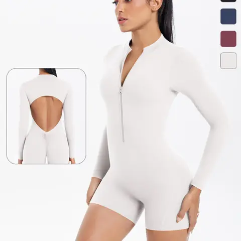 Women's Solid Zip Up Sports Jumpsuit, Long Sleeve Ribbed Jumpsuit for Yoga Gym Workout, Ladies Sportswear for All Seasons, Sporty Jumpsuit, Workout Jumpsuits