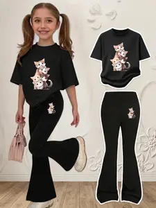Adorable Cat Cartoon Print Set, Girl Round Neck Short Sleeve T-Shirt and Bell Bottoms, Comfortable Elastic Waist Pants, Spring Summer