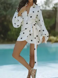 Polka Dot Lantern Sleeve Shirt and Wrap Loose Mini Skirt Set, Casual Fashion, Women's Clothing, Womenswear, Spring and Fall