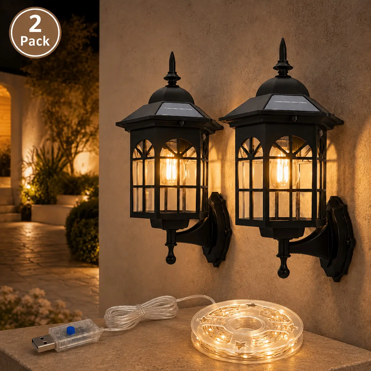 2-Pack Antique Bronze Solar Motion Sensor Outdoor Wall Lanterns with 65.6FT 200 LED USB Fairy String Lights, Warm White Outdoor Lighting Set for Porch Patio Garden Yard Fence & Holiday Decor, No Remote Control