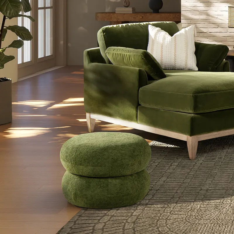 19.5" Low Round Upholstered Ottoman - Moss Green Modern Design, Durable Fabric Footrest with Comfortable Extra Seat for Living Room Indoor Stool Accent Piece, Cozy Relaxation