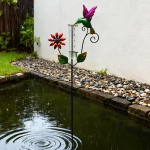 Hummingbird Rain Gauge Garden Stake, Outdoor Wrought Iron Rain Gauge with Glass Tube, Decorative Weatherproof Metal Rainfall Measurer
