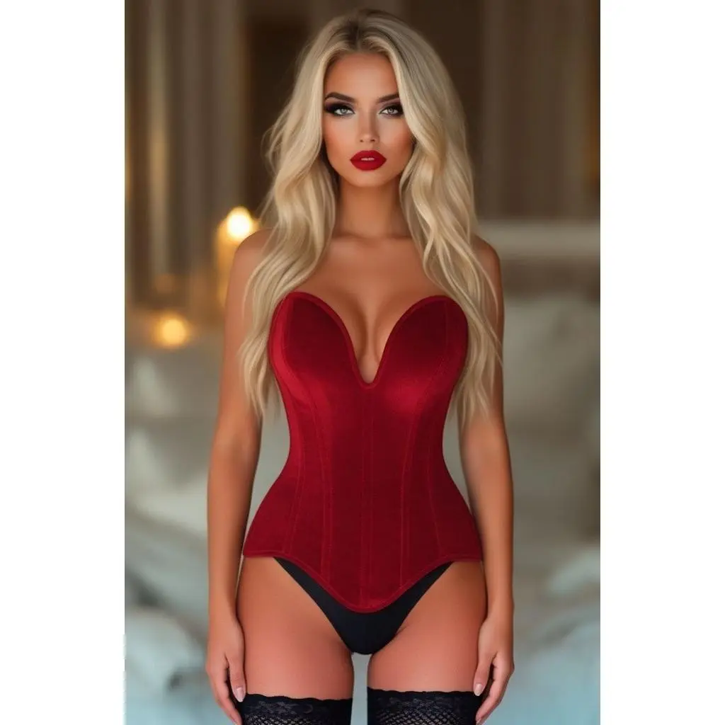 Top Drawer Steel Boned Dark Red Velvet Plunge Neckline Overbust Corset