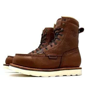 Fuerbo Premium Composite Toe Handcrafted Lacer Moc Toe Leather Work Boots Dual Density Goodyear Welt Sole Anti-Fatigue Oil & Slip Resistant L-58 Brown Mid-Calf Lace Up Men Footwear Comfort